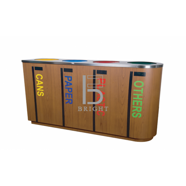 Powder Coating Wood Grain & Stainless Steel Recycle Bin (4 Compartment)
